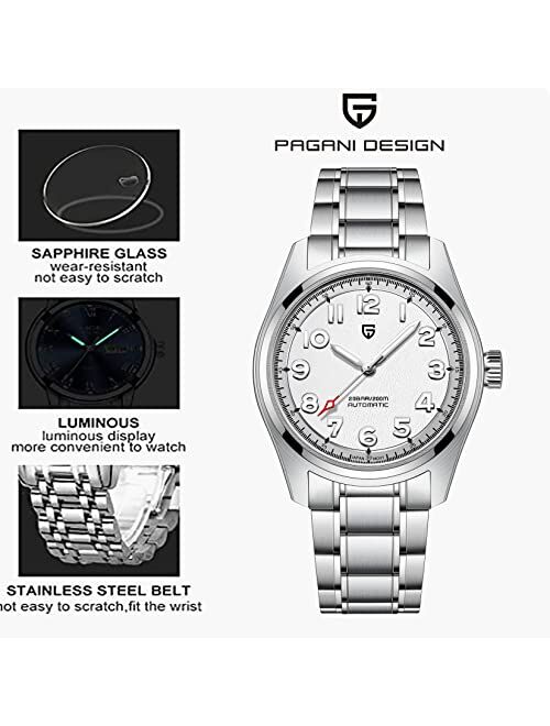 Pagrne Design Mens Watches, Pagani Design Watches for Men, 200 Meters Waterproof Watch, Stylish Stainless Steel Wristwatch, 38MM Sapphire Glass, Japanese NH35 Movement, L