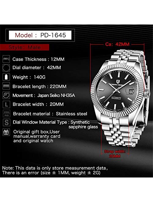 Pagani Design Business Fashion Men's Automatic Watches Stainless Steel Sports Watches for Men Waterproof Mechanical Wristwatches Digital Analog dial Japan NH35A (Black)