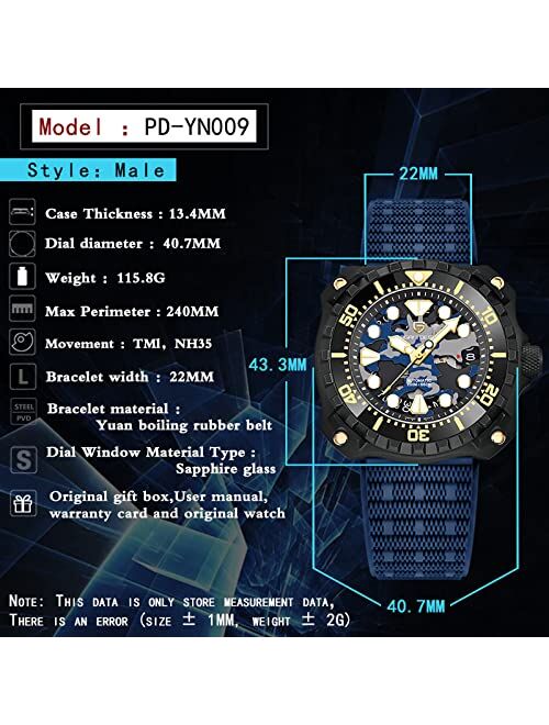 Pagrne Design Pagani Design Watch for Men Mechanical Automatic Movement, 200M/660ft Waterproof Military Camo Sport Rubber Strap Watch Men,Titanium Case Wrist Watch for Me