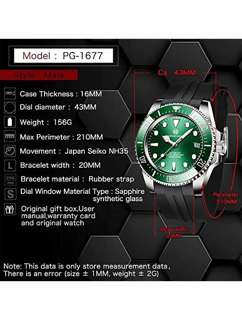 Seiko BY BENYAR PAGRNE DESIGE Mens Watches Fashion Automatic Mechanical 300M Waterproof Sapphire Glass Analogue Watches Rubber Strap Watches for Men