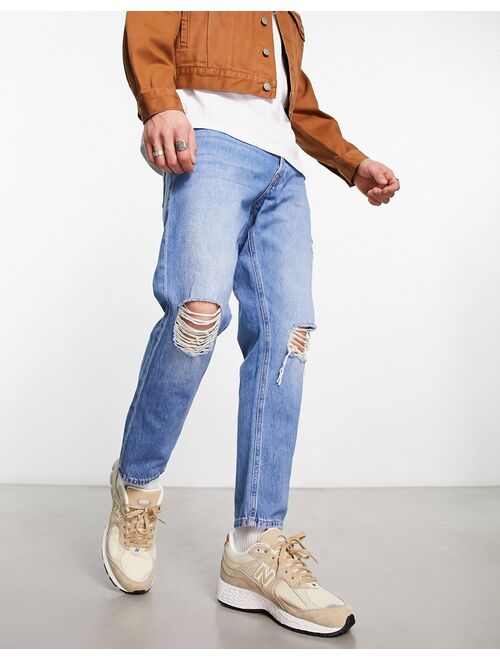 Jack & Jones Intelligence frank tapered cropped jean in stone blue wash with rips