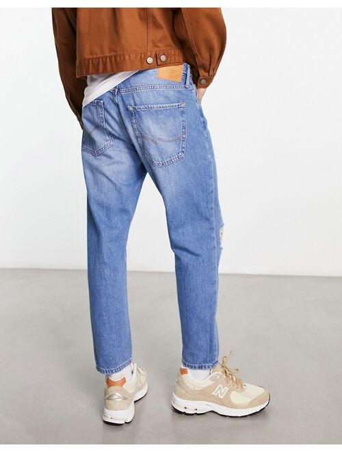 Jack & Jones Intelligence frank tapered cropped jean in stone blue wash with rips