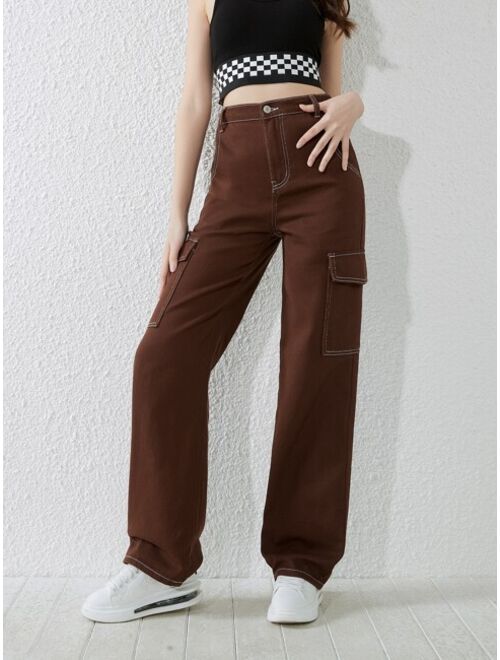 Shein Teen Girls Top-stitching Flap Pocket Side Cargo Jeans