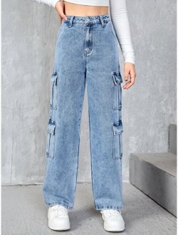 Teen Girls Flap Pocket Side Cargo Jeans