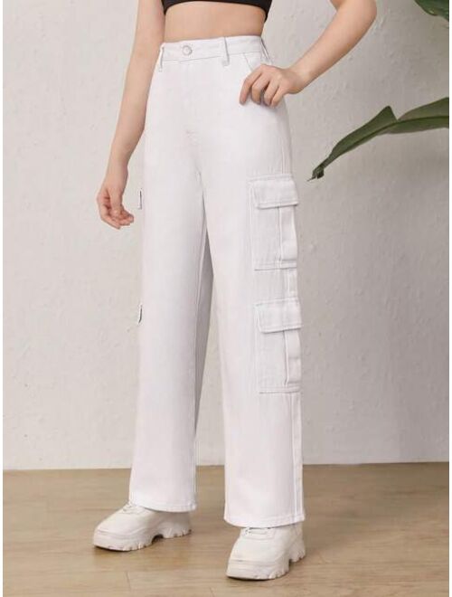 SHEIN Teen Girls Flap Pocket Side Cargo Jeans