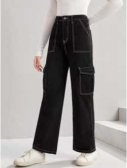 Girl's High Waist Flap Pocket Cargo Jeans Casual Button Denim Pants