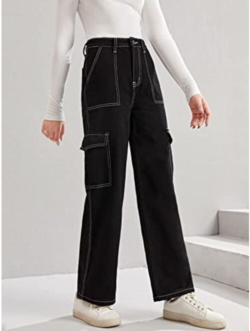 WDIRARA Girl's High Waist Flap Pocket Cargo Jeans Casual Button Denim Pants