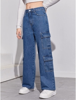 Girl's High Waist Loose Denim Cargo Pants Long Jeans with Pocket
