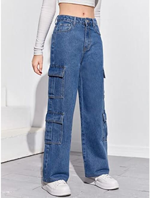Verdusa Girl's High Waist Loose Denim Cargo Pants Long Jeans with Pocket