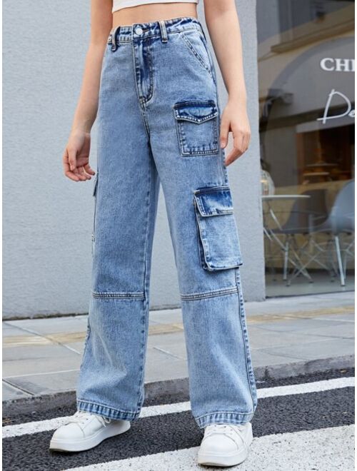 SHEIN Teen Girls Flap Pocket Cargo Jeans