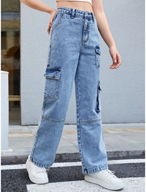 SHEIN Teen Girls Flap Pocket Cargo Jeans