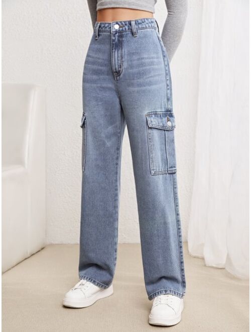 SHEIN Teen Girls Zip Front Flap Pocket Cargo Jeans