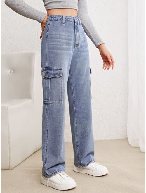 SHEIN Teen Girls Zip Front Flap Pocket Cargo Jeans