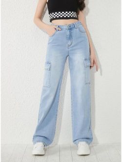 Teen Girls Flap Pocket Side Cargo Jeans