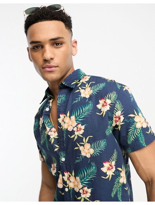 Jack & Jones Originals floral print short sleeve shirt in navy