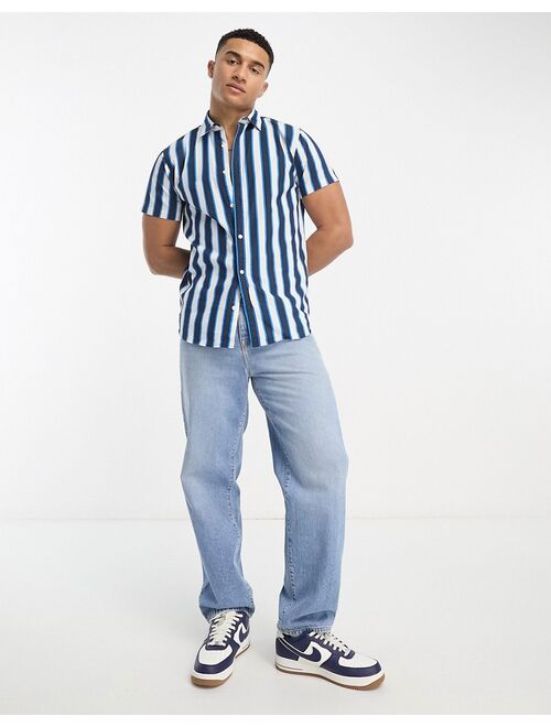 Jack & Jones Originals bold stripe short sleeve shirt in navy and white