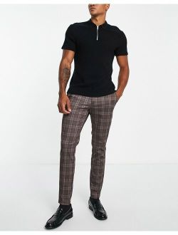 Intelligence slim fit smart jersey pants in brown check