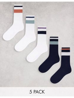 5 pack crew socks with stripes in navy and white
