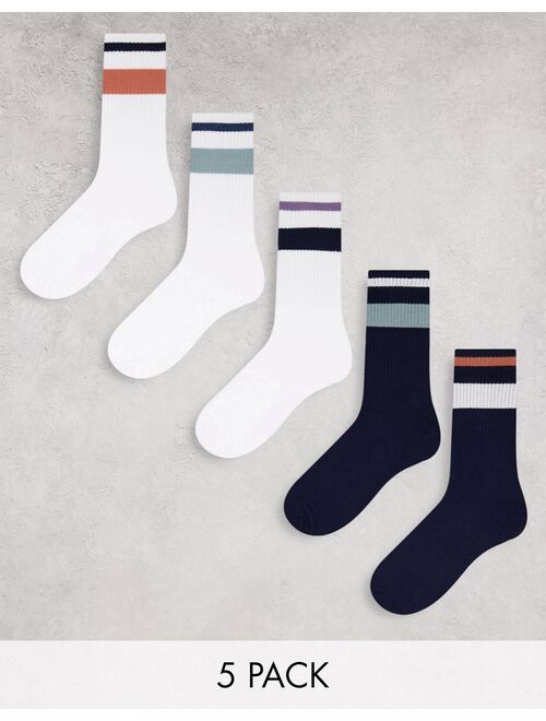 Jack & Jones 5 pack crew socks with stripes in navy and white