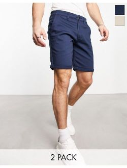 2 pack chino shorts in navy and tan