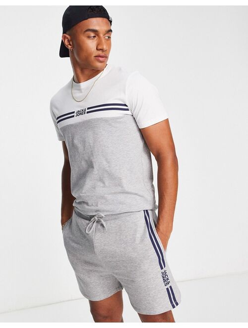 Jack & Jones Originals T-shirt and shorts set with logo stripe in gray melange