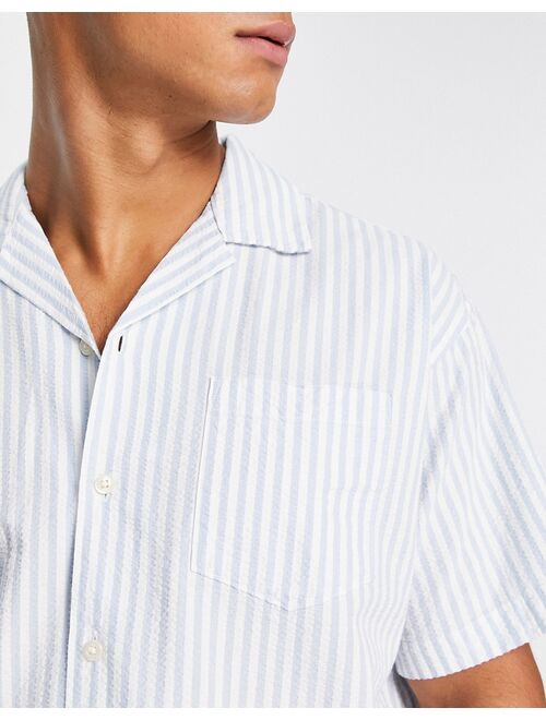 Jack & Jones Originals seersucker revere collar short sleeve shirt in blue