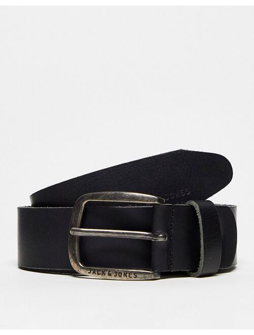 Jack & Jones smooth leather belt with logo buckle in black
