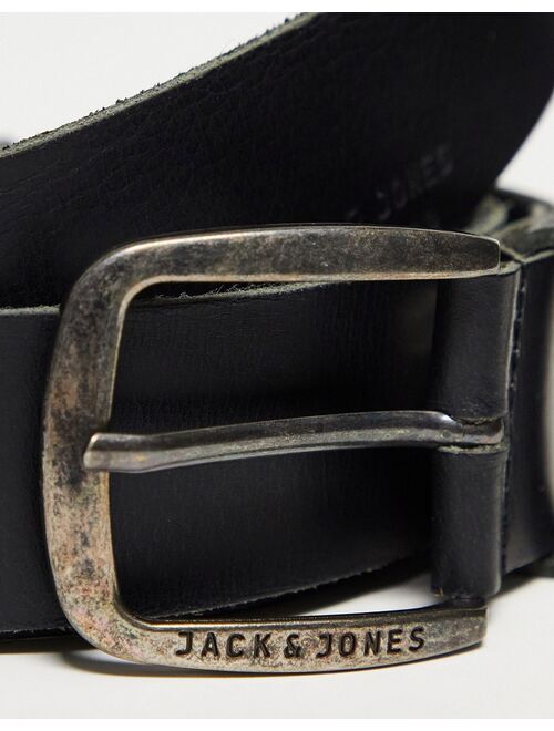 Jack & Jones smooth leather belt with logo buckle in black