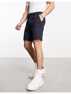 Intelligence slim fit smart jersey shorts in navy plaid
