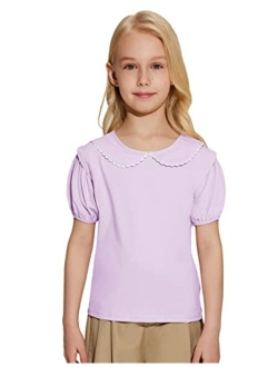 Danna Belle Peter Pan Collar Shirt Girls Short Sleeve Blouse Solid Color Tee Top Shirt for Girl Size 5-12
