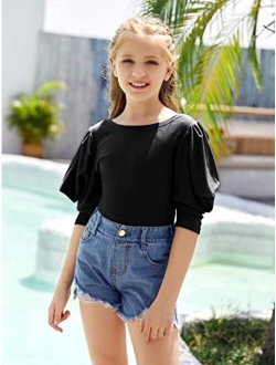 Cnjfj Kid's Girls Cute Crew Neck Tops Fashion Half Sleeves Solid Color Slim Fit T-Shirt Tops