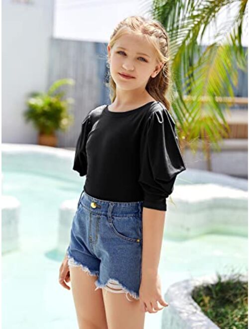 Cnjfj Kid's Girls Cute Crew Neck Tops Fashion Half Sleeves Solid Color Slim Fit T-Shirt Tops