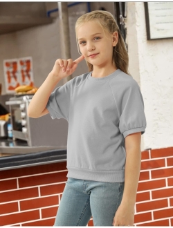 simtuor Kids Girls Cute T-Shirt Short Puff Sleeve Basic Solid Casual Loose Pullover Ribbed Cuffs Hem Tees