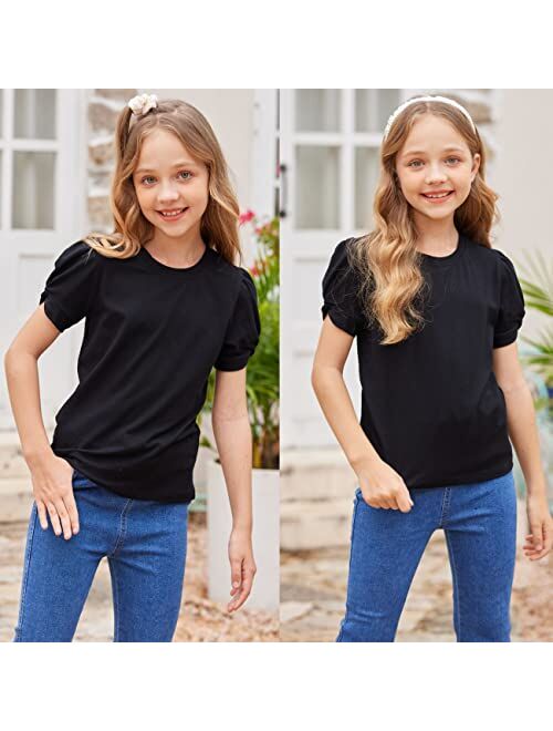 Hopeac Girls Shirts Summer Cute Classic Fit Twist Short Sleeve Plain Cotton Crew Neck T-Shirt Tee Tops Blouse