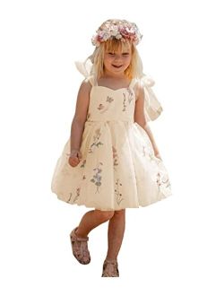 JISISANG Flower Girl Dresses for Wedding Short Floral Embroidered Tulle Pageant Princess Dress for Girls