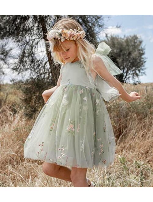 JISISANG Flower Girl Dresses for Wedding Short Floral Embroidered Tulle Pageant Princess Dress for Girls