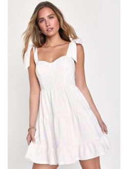 Tier-ly Delightful White Tie-Strap Tiered Bustier Mini Dress