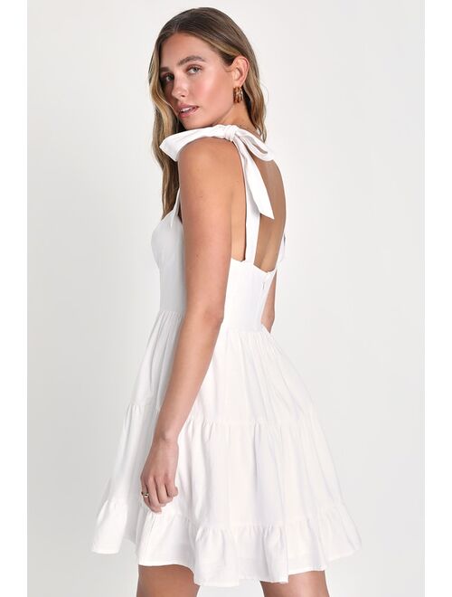 Lulus Tier-ly Delightful White Tie-Strap Tiered Bustier Mini Dress