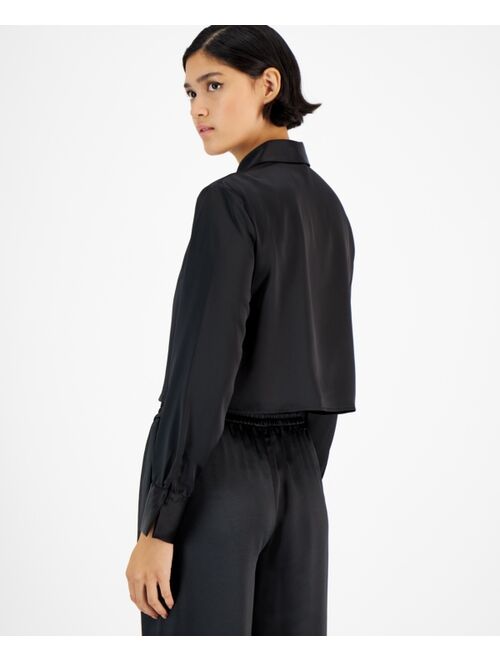 BAR III Women's Cropped Button-Front Long-Sleeve Blouse, Created for Macy's