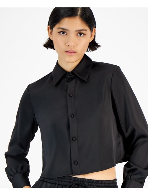 BAR III Women's Cropped Button-Front Long-Sleeve Blouse, Created for Macy's