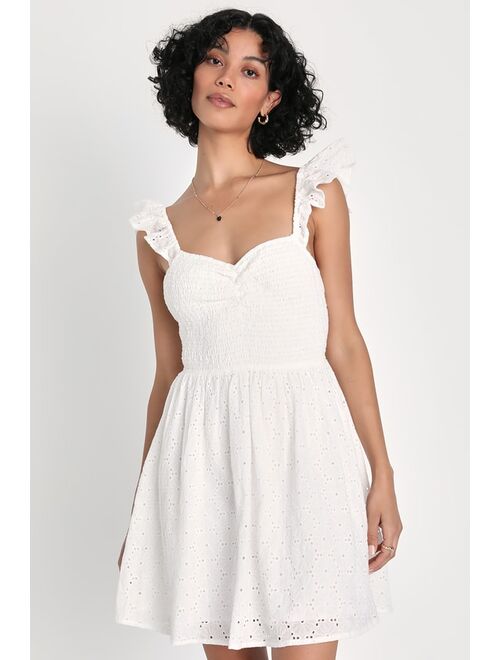 Lulus Sweetly Sincere White Ruffled Eyelet Embroidered Mini Dress