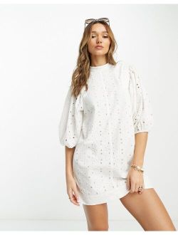 broderie mini dress with puff sleeve in white