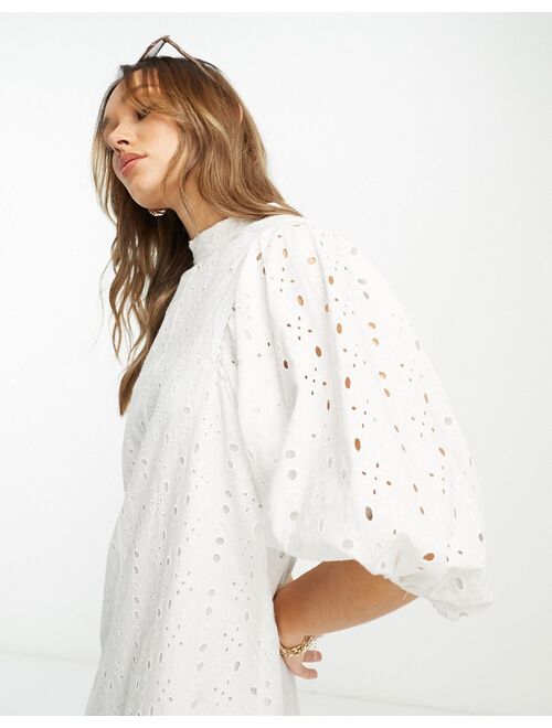 ASOS DESIGN broderie mini dress with puff sleeve in white