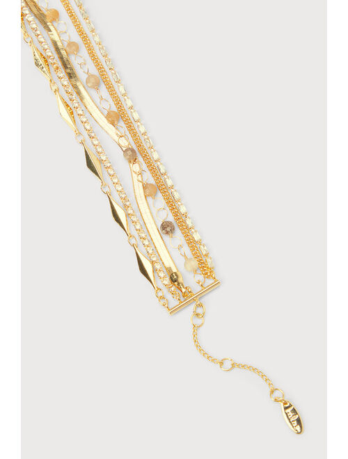 Lulus Such Splendor 14KT Gold Beaded Rhinestone Layered Bracelet