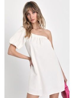 Cutest Energy White Linen One-Shoulder Shift Dress With Pockets