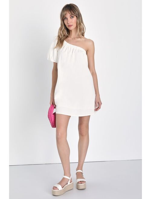 Lulus Cutest Energy White Linen One-Shoulder Shift Dress With Pockets