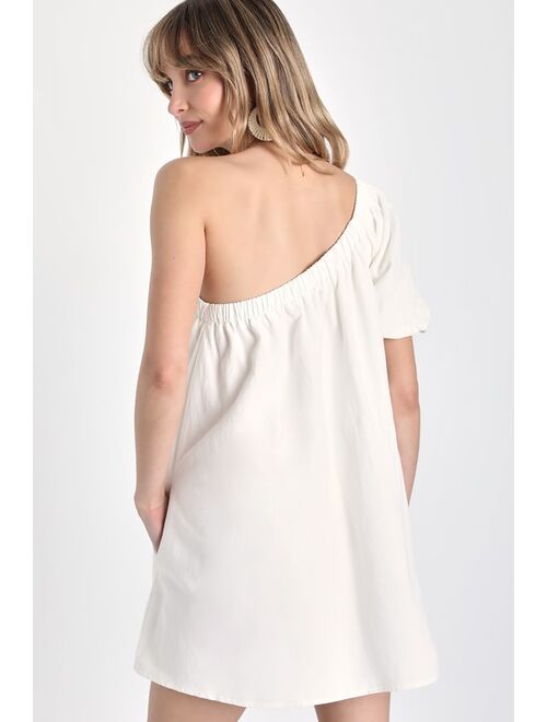 Lulus Cutest Energy White Linen One-Shoulder Shift Dress With Pockets