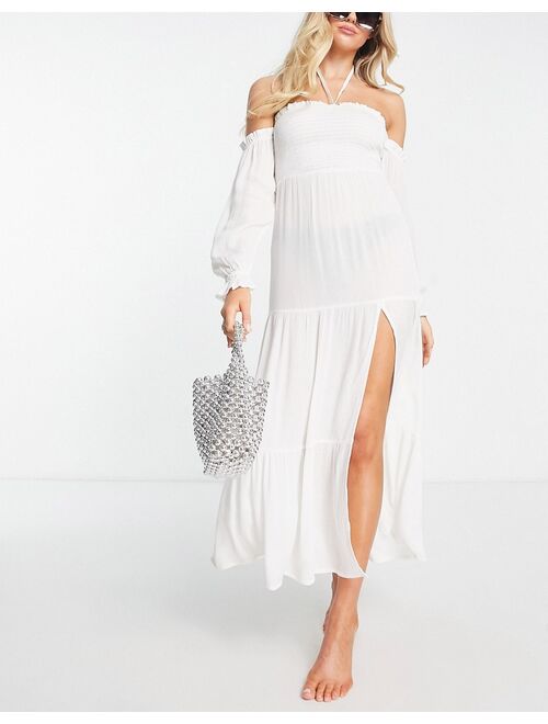 ASOS DESIGN off shoulder shirred waist maxi beach dress in ivory