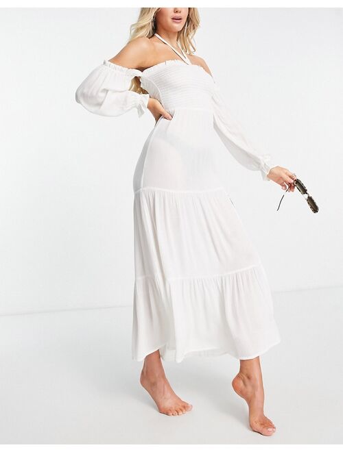 ASOS DESIGN off shoulder shirred waist maxi beach dress in ivory