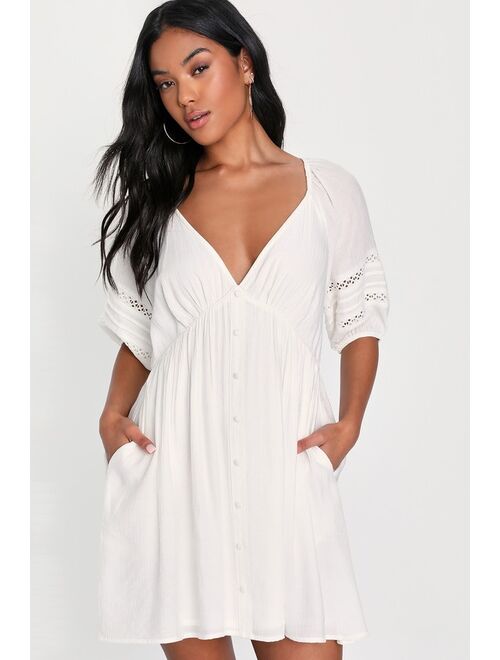 Lulus Look to Love White Crochet Button-Front Mini Dress With Pockets